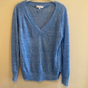 White + Warren V Neck Linen Lightweight Long Sleeve Sweater Pale Blue XS